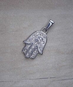 DIJE DE ACERO MANO DE FATIMA CON STRASS. 16 X 25 MM