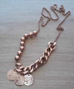 CADENA COMBINADA DE ACERO ROSÉ CON MONEDAS. LARGO 65 CM
