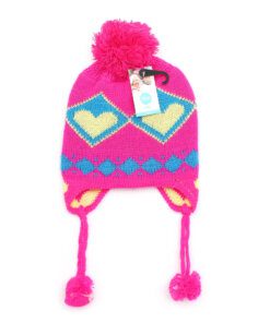GORRO COYA INFANTIL, 2 a 4 AÑOS FUCSIA CON CORAZONES Y POMPÓN