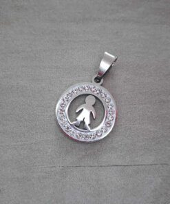 DIJE DE ACERO CIRCULO DE STRASS CON NENE EN EL INTERIOR. DIÁMETRO 20 MM