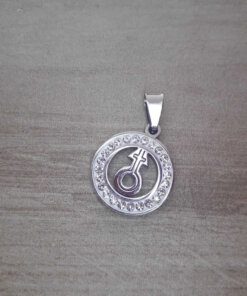 DIJE DE ACERO REDONDO DE STRASS CON SÍMBOLO DE GÉNERO EN SU INTERIOR. DIÁMETRO 20 MM