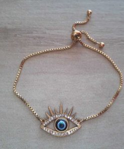 PULSERA DE ACERO DORADO VENECIANA AJUSTABLE CON DIJE OJO DE STRASS Y CENTRO AZUL