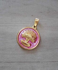 DIJE DE ACERO DORADO MEDALLA 25 MM ESMALTADA ROSA CON ÁRBOL DE LA VIDA