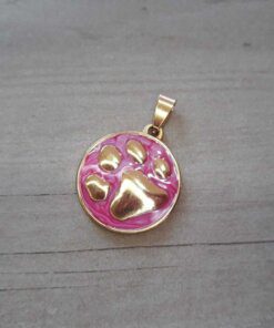 DIJE DE ACERO DORADO MEDALLA 25 MM ESMALTADA ROSA CON HUELLA