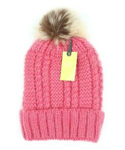 GORRO TEJIDO DAMA LISO. COLOR ROSA CON PIEL EN SU INTERIOR Y POMPÓN DE PIEL