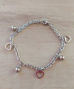 PULSERA DE ACERO ESLABÓN TIFFANY CON BOLITAS Y DIJES DE CORAZONES CALADOS. LARGO 18,5 CM