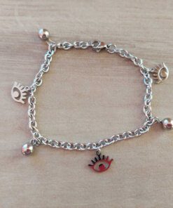 PULSERA DE ACERO ESLABÓN TIFFANY CON BOLITAS Y DIJES DE OJO TURCO. LARGO 18,5 CM