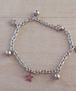 PULSERA DE ACERO ESLABÓN TIFFANY CON BOLITAS Y DIJES DE ESTRELLAS CALADAS. LARGO 18,5 CM