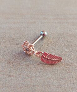 ARO ACERO ROSÉ PIERCING CON STRASS Y HOJA COLGANTE. LARGO 15 MM