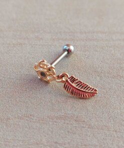 ARO ACERO DORADO PIERCING CON STRASS Y HOJA COLGANTE. LARGO 15 MM