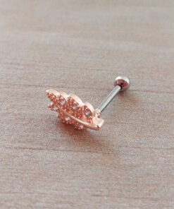 ARO PIERCING ACERO ROSÉ HOJA CON STRASS. LARGO 10 MM