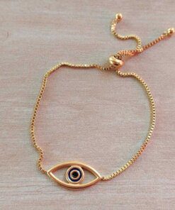 PULSERA DE ACERO DORADO VENECIANA AJUSTABLE CON DIJE OJO CENTRO ESMALTADO