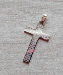 DIJE DE ACERO CRUZ CON PADRE NUESTRO GRABADO . 26 X 40 MM