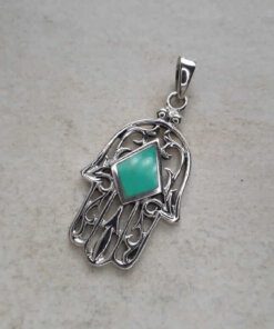 DIJE PLATA MANO DE FATIMA CALADA CON ROMBO DE PIEDRA. 19 X 32 MM