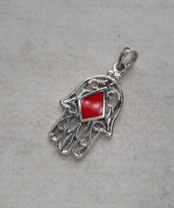 DIJE PLATA MANO DE FATIMA CALADA CON ROMBO DE PIEDRA. 19 X 32 MM
