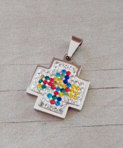 DIJE DE ACERO CRUZ DEL EQUILIBRIO CON STRASS MULTICOLOR. 23 X 25 MM