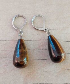 ARO DE ACERO BRISURA Y DIJE GOTA DE PIEDRA OJO DE TIGRE COLGANTE. LARGO 42 MM