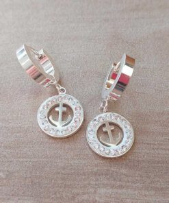 ARO DE ACERO BLANCO ARGOLLA HUGGIE 13 MM Y DIJE REDONDO CON STRASS CALADO CON ANCLA