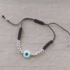 PULSERA EXTENSIBLE DE HILO NEGRO TEJIDO CON BOLITAS 4 MM DE ACERO BLANCO Y CENTRO OJO