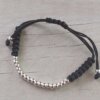 PULSERA EXTENSIBLE DE HILO NEGRO TEJIDO CON BOLITAS 4 MM DE ACERO BLANCO