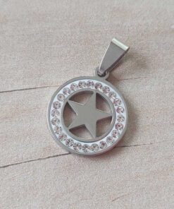 DIJE DE ACERO REDONDO DE STRASS CON ESTRELLA 15 MM.
