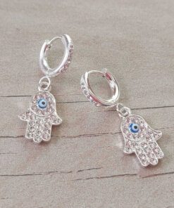 ARO DE ACERO BLANCO ARGOLLA 10 MM CON BISAGRA Y STRASS CON DIJE MANO DE FÁTIMA C/STRASS.