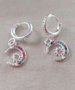 ARO DE ACERO BLANCO ARGOLLA 10 MM CON BISAGRA Y STRASS CON DIJE LUNA C/ESTRELLA C/STRASS MULTICOLOR.