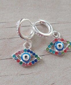 ARO DE ACERO BLANCO ARGOLLA 10 MM CON BISAGRA Y STRASS CON DIJE OJO TURCO C/STRASS MULTICOLOR.