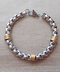 PULSERA DE ACERO ROLO CUADRADA 7.0 CON APLIQUE DORADO. LARGO 18 CM