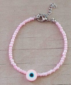 PULSERA DE TANZA CON MOSTACILLAS ROSA Y OJO TURCO CON TERMINAL DE ACERO. LARGO 18 + 3 CM EXT.