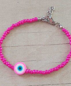 PULSERA DE TANZA CON MOSTACILLAS FUCSIA Y OJO TURCO CON TERMINAL DE ACERO. LARGO 18 + 3 CM EXT.