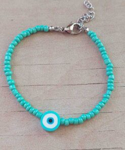 PULSERA DE TANZA CON MOSTACILLAS VERDE AGUA Y OJO TURCO CON TERMINAL DE ACERO. LARGO 18 + 3 CM EXT.