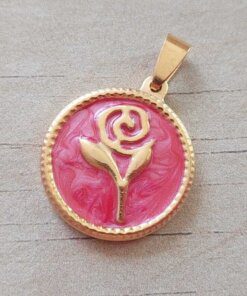 DIJE DE ACERO DORADO MEDALLA 25 MM ESMALTADO CORAL CON ROSA