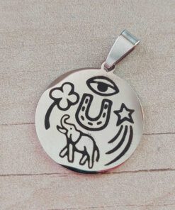 DIJE DE ACERO MEDALLA 25 MM TALISMÁN DE LA SUERTE. (OJO/TRÉBOL/ESTRELLA FUGAZ/ELEFANTE/HERRADURA)
