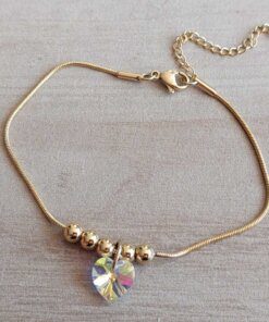 PULSERA DE ACERO DORADO ESLABÓN COLA DE RATÓN C/BOLITAS Y CORAZÓN TORNASOL. LARGO 18,5 CM + 4,5 CM EXT.