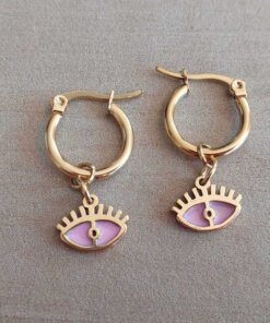 ARO DE ACERO DORADO ARGOLLA 13 MM CON DIJE OJO ESMALTADO ROSA