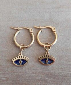 ARO DE ACERO DORADO ARGOLLA 13 MM CON DIJE OJO ESMALTADO AZUL.