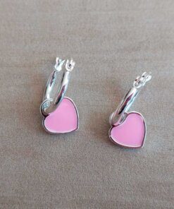ARO DE ACERO BLANCO ARGOLLA 13 MM CON DIJE CORAZÓN ESMALTADO ROSA