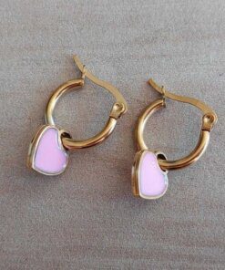 ARO DE ACERO DORADO ARGOLLA 13 MM CON DIJE CORAZÓN ESMALTADO ROSA
