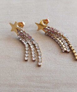 ARO DE ACERO DORADO ESTRELLA CON TRIPLE CADENA DE STRASS BLANCO COLGANTE. LARGO TOTAL 37 MM