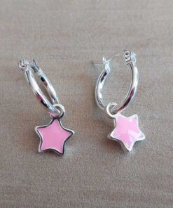 ARO DE ACERO BLANCO ARGOLLA 13 MM CON DIJE ESTRELLA ESMALTADA ROSA