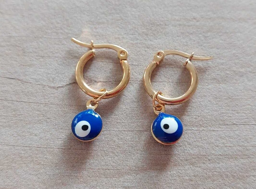 ARO DE ACERO DORADO ARGOLLA 14 MM CON OJO TURCO AZUL