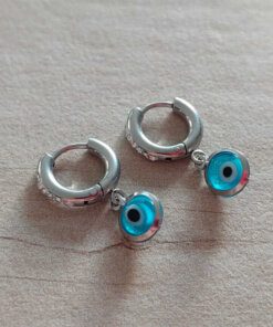 ARO DE ACERO ARGOLLA 2 MM CON STRASS/BISAGRA Y DIJE OJO TURCO COLGANTE. DIÁMETRO ARGOLLA 10 MM, LARGO TOTAL 22 MM