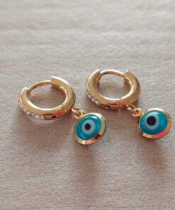 ARO DE ACERO DORADO ARGOLLA 2 MM CON STRASS/BISAGRA Y DIJE OJO TURCO COLGANTE. DIÁMETRO ARGOLLA 10 MM, LARGO TOTAL 22 MM