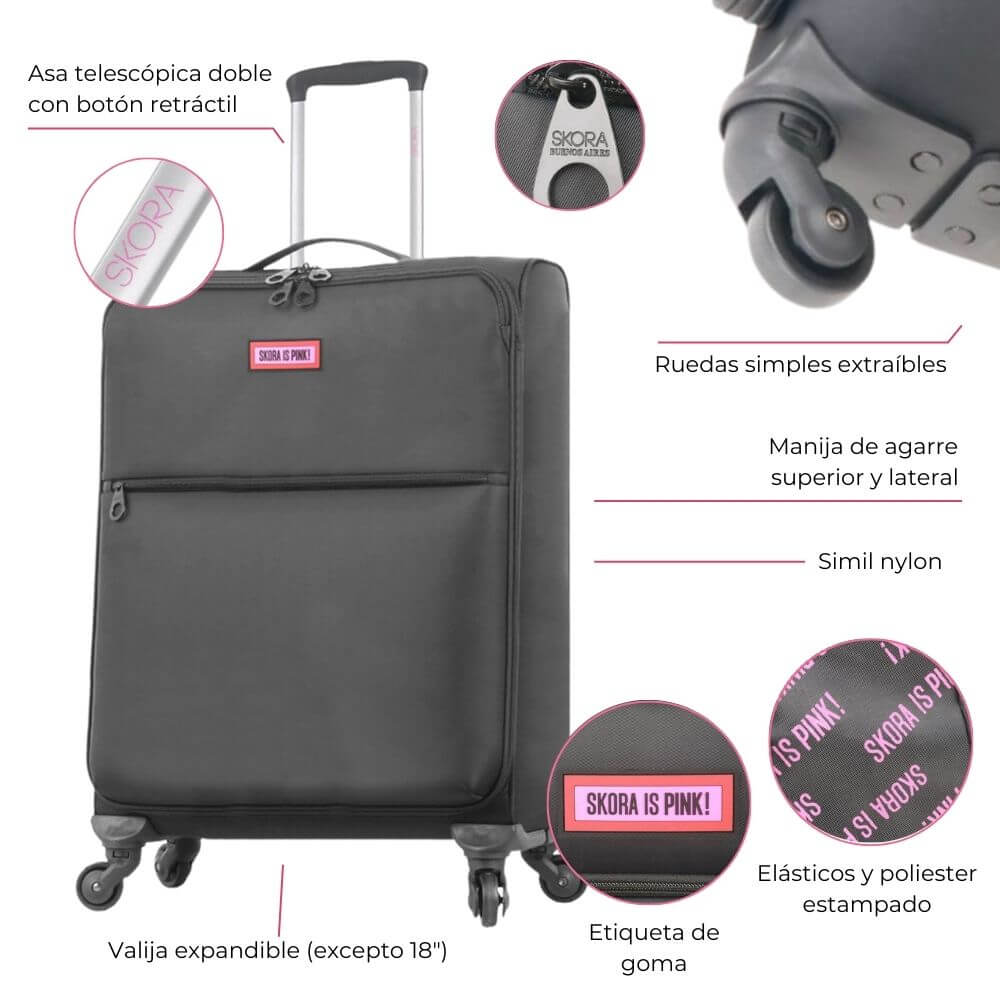 Set valijas SKORA PINK SOFT SIMIL NYLON BLACK Tamaños 18"" 20"" 24"" y 28"" - Imagen 2