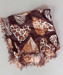 PAÑUELO VISCOSA HINDU DESFLECADO MARRON CON CORAZONES ANIMAL PRINT 1M X 1M