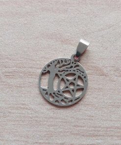 DIJE DE ACERO MEDALLA 21 MM CON ÁRBOL DE LA VIDA Y PENTAGRAMA.
