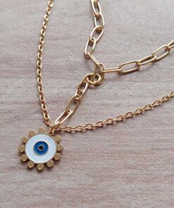COLGANTE DE ACERO DORADO DOBLE CADENA CON DIJE OJO TURCO. LARGO 45 CM + 3 CM EXT. Y PARTE COLGANTE 5,5 CM