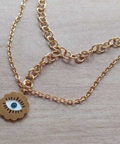 COLGANTE DE ACERO DORADO DOBLE CADENA CON DIJE OJO TURCO. LARGO 45 CM + 3 CM EXT. Y PARTE COLGANTE 5,5 CM