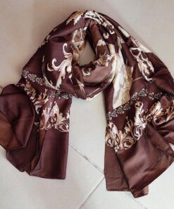 PASHMINA RASADA CHOCOLATE CON DIBUJOS BEIGE . 85 X 180 CM.
